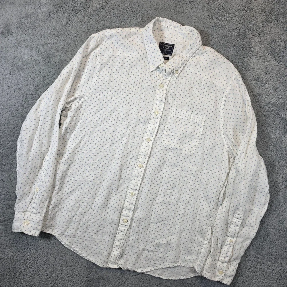 Abercrombie & Fitch Linen Shirt Mens XL White Blue Diamond Print Button Down EUC